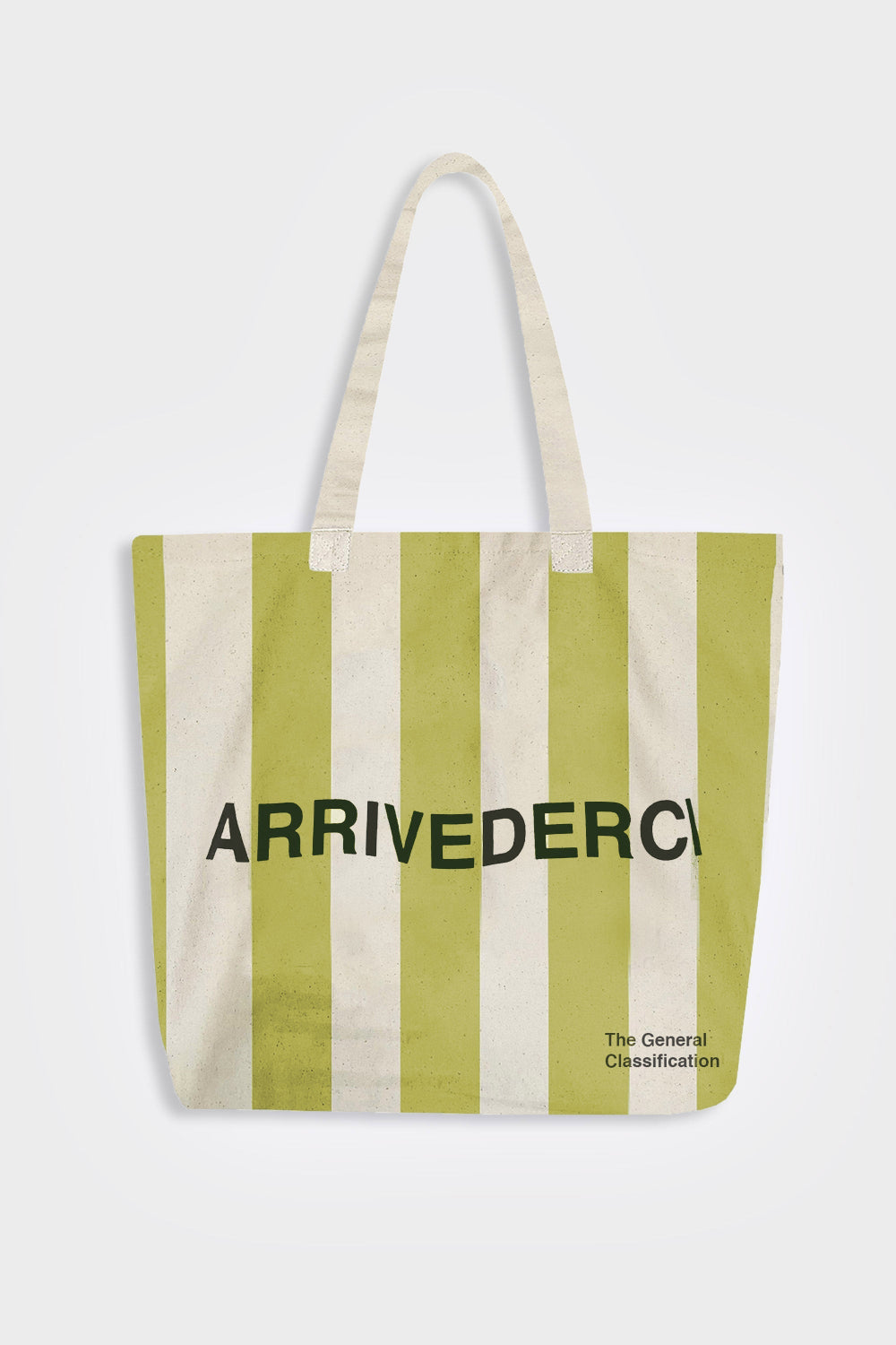 Striped tote bag with 'ARRIVEDERCI' text on a white background