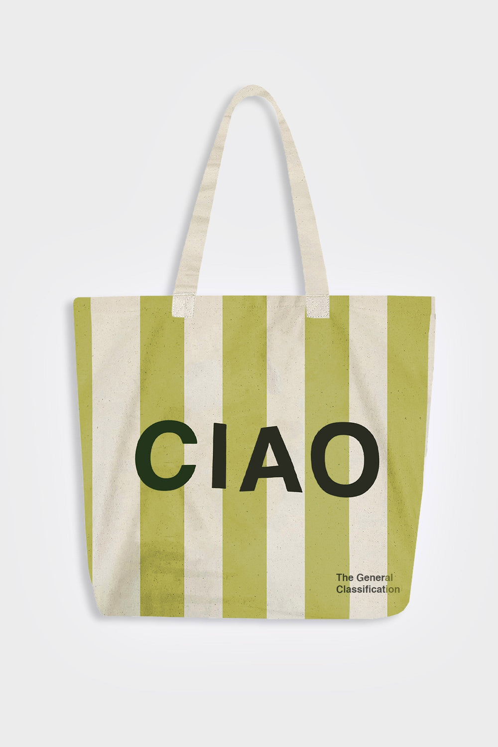 A canvas tote bag with vertical olive green and cream stripes, featuring the word 'CIAO' printed in bold black letters across the center and small text reading 'The General Classification' in the bottom right corner.