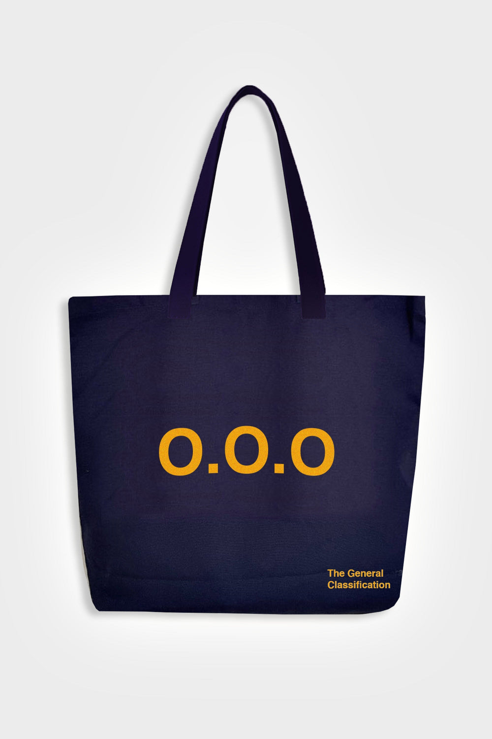 Navy tote bag with  Out of Office OOO yellow text on a white background