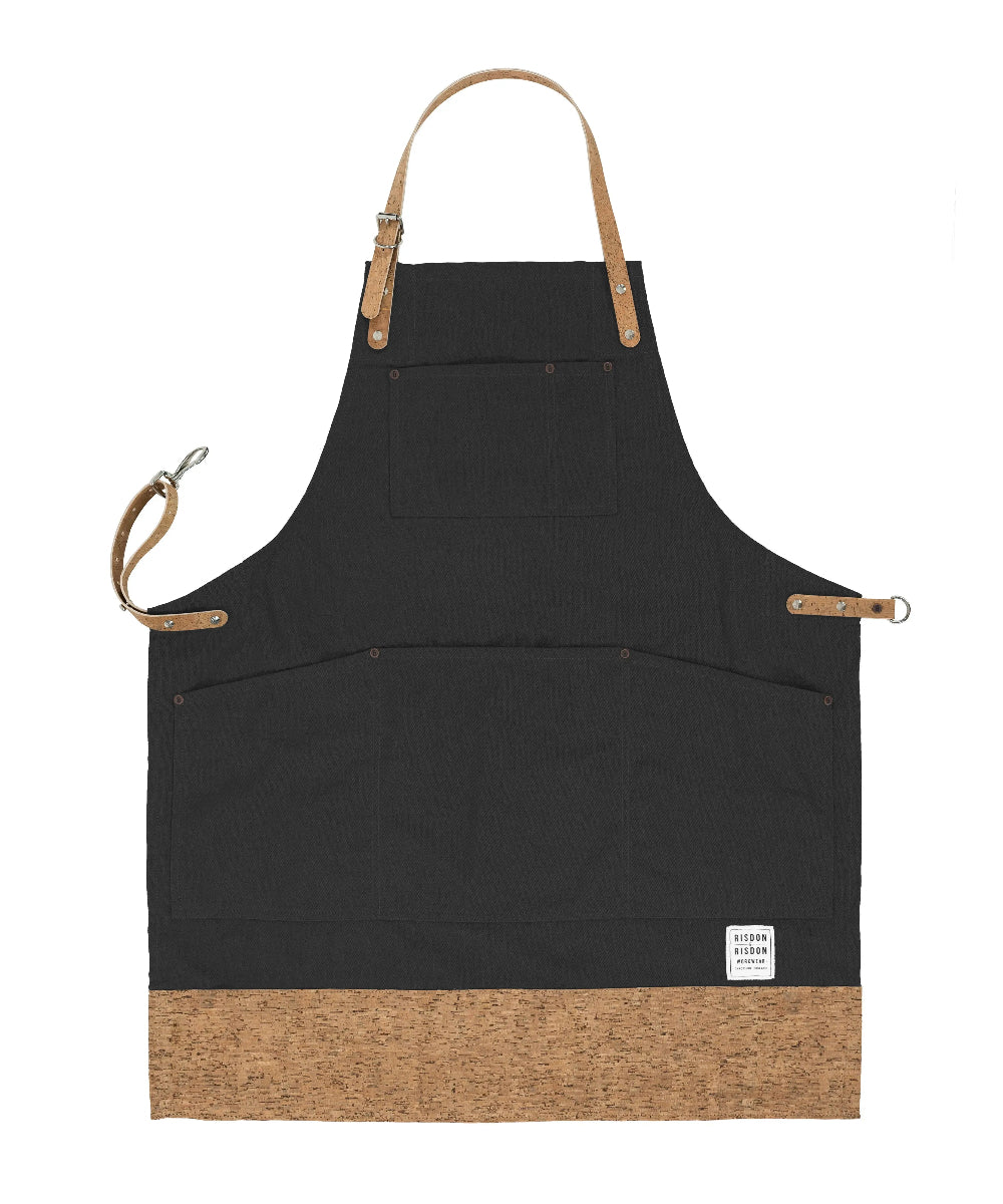 Black apron with brown accents on a white background