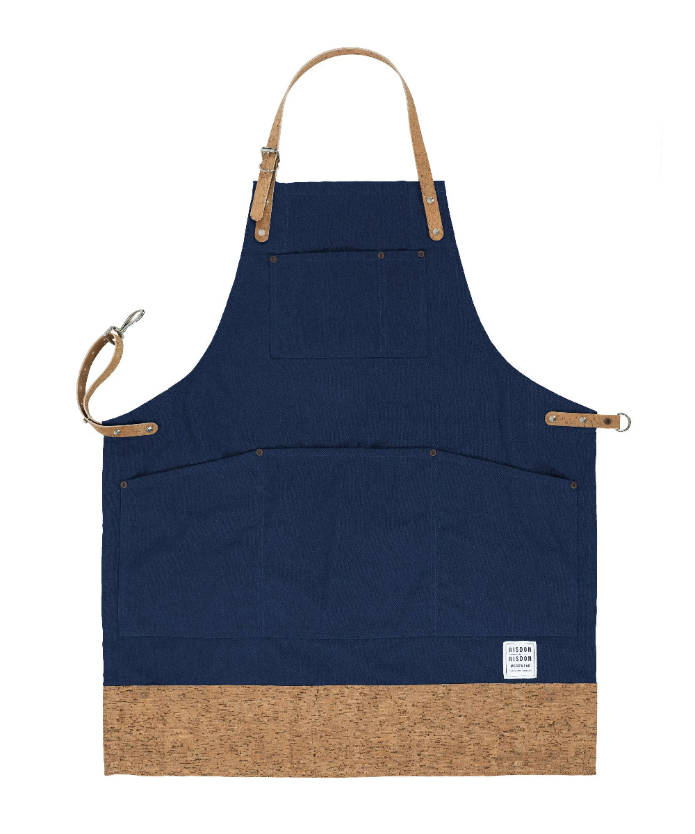 Navy apron with brown accents on a white background