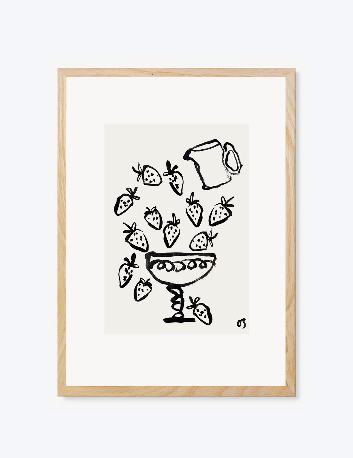 Framed artwork with black line drawing of a bowl and strawberries on a white background