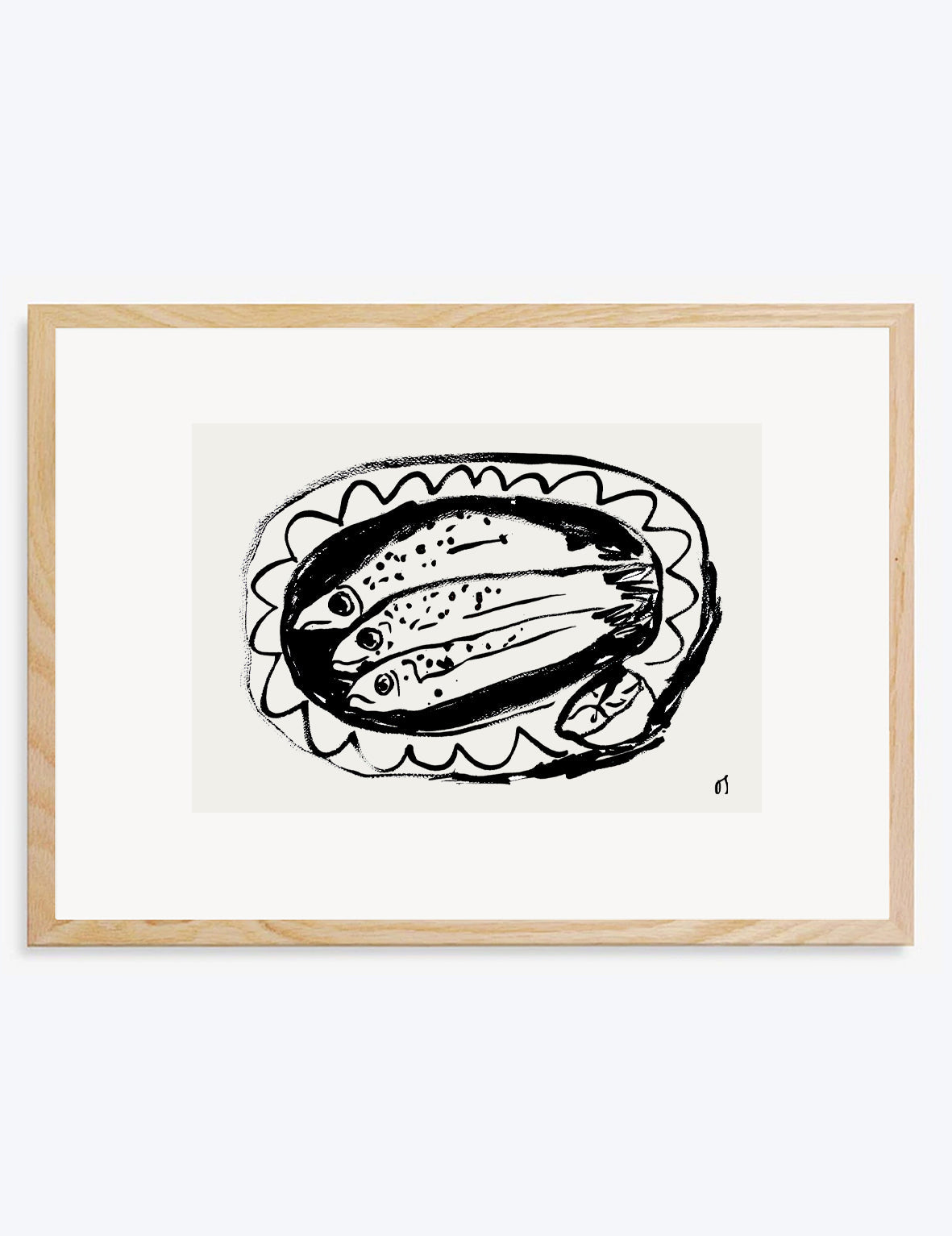 Framed artwork of a black and white illustration of fish on a plate.