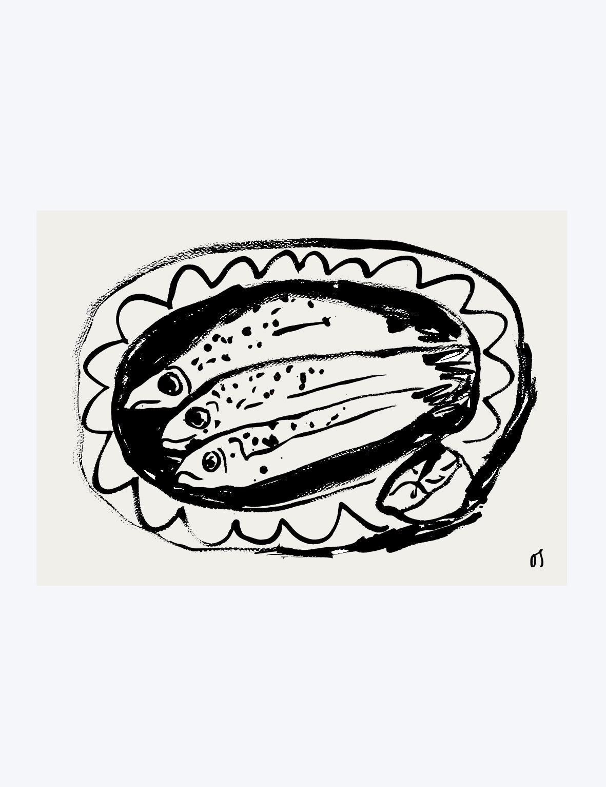 Black ink drawing of three fish on a decorative plate with a scalloped edge.
