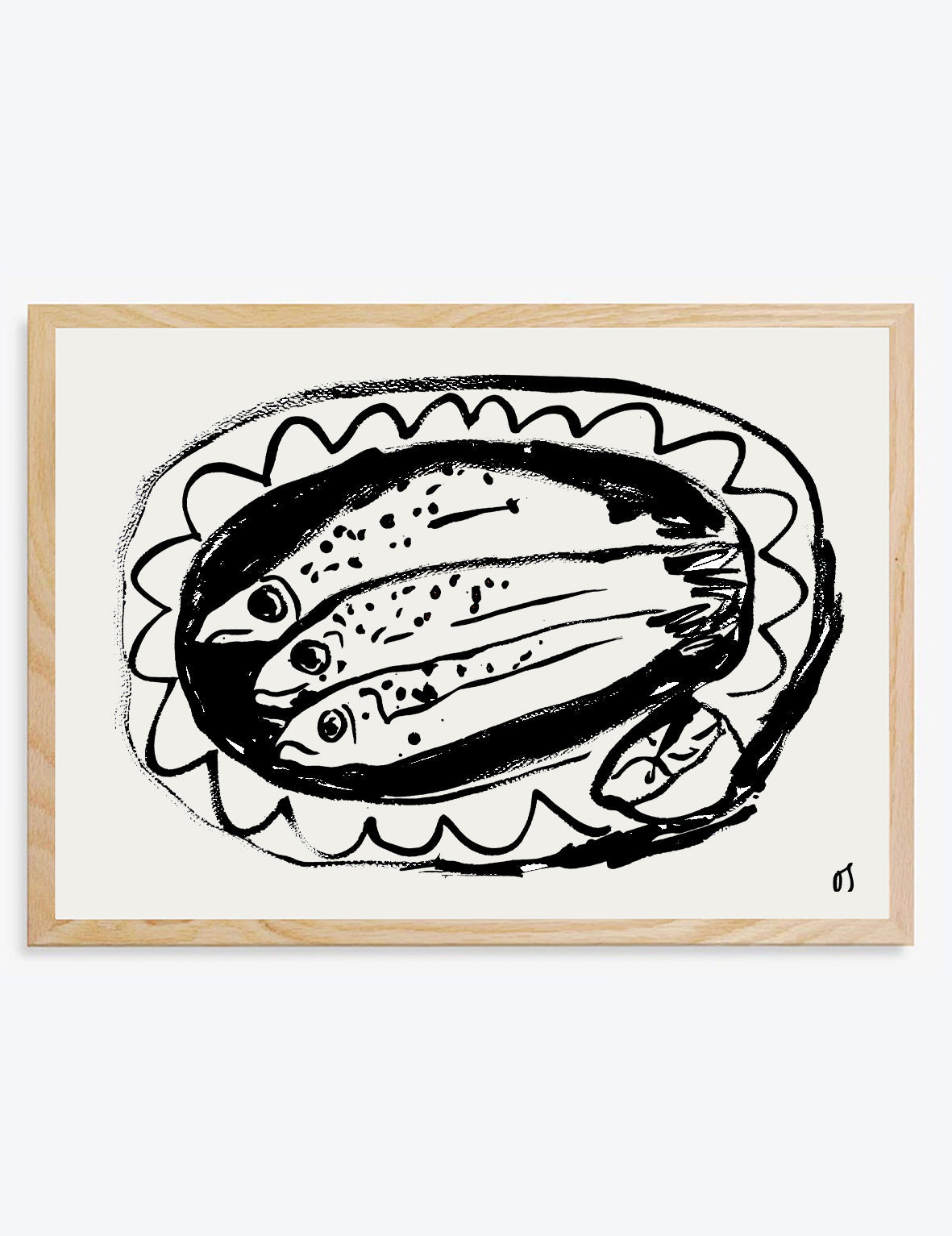 Framed artwork of three sardine fish on a plate with a decorative border.