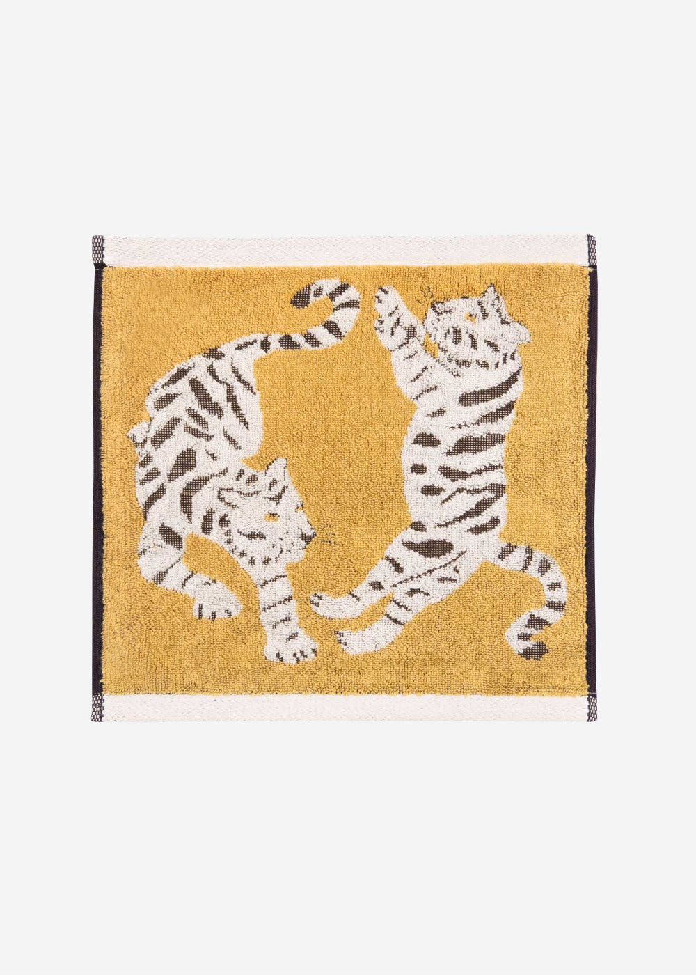 Facecloth with a design of two leaping tigers on a mustard yellow background
