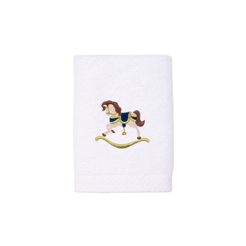White towel with a embroidered rocking horse design on a white background