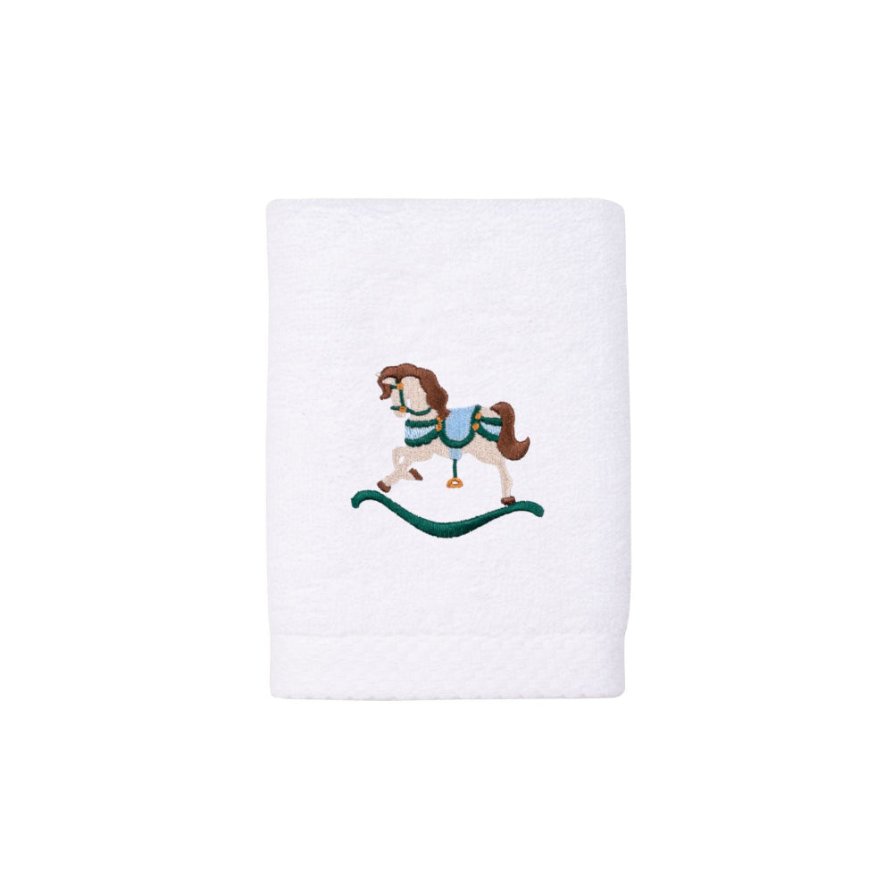 White towel with a embroidered horse design on a white background