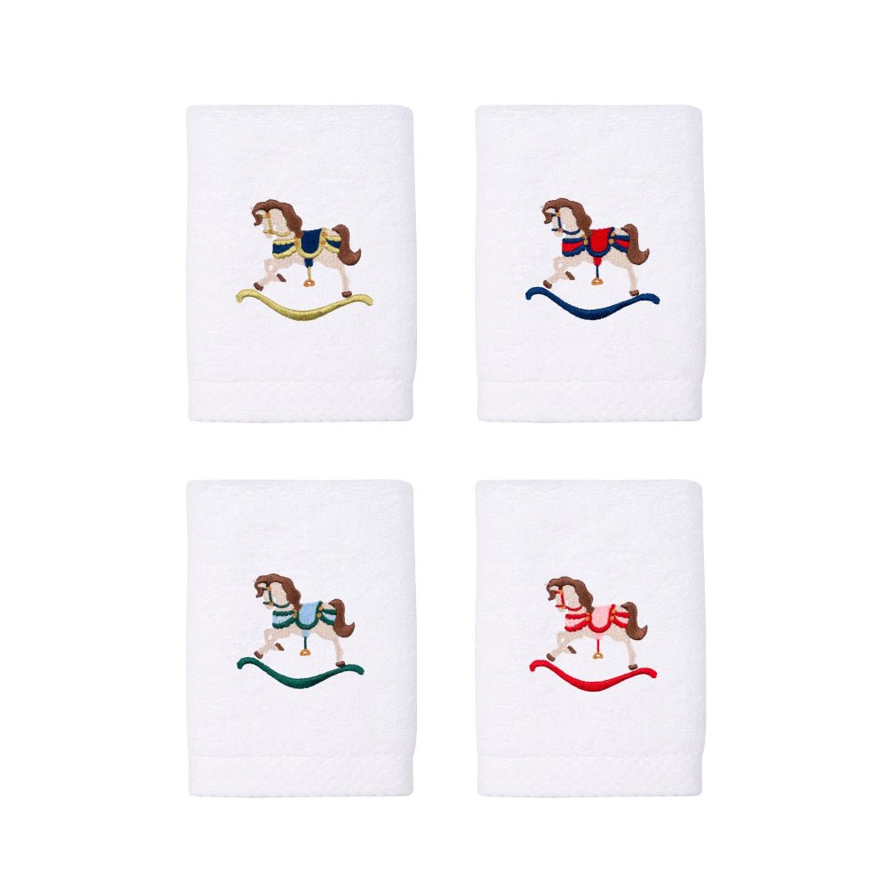 Four white towels with embroidered rocking horse designs on a white background festive bathroom ideas