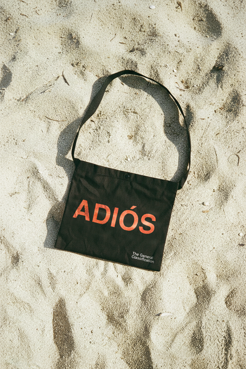 A black fabric shoulder bag with the word 'ADIÓS' printed in orange across the front, placed on sandy ground. The bag has a thin black strap and small white text near the bottom right corner.