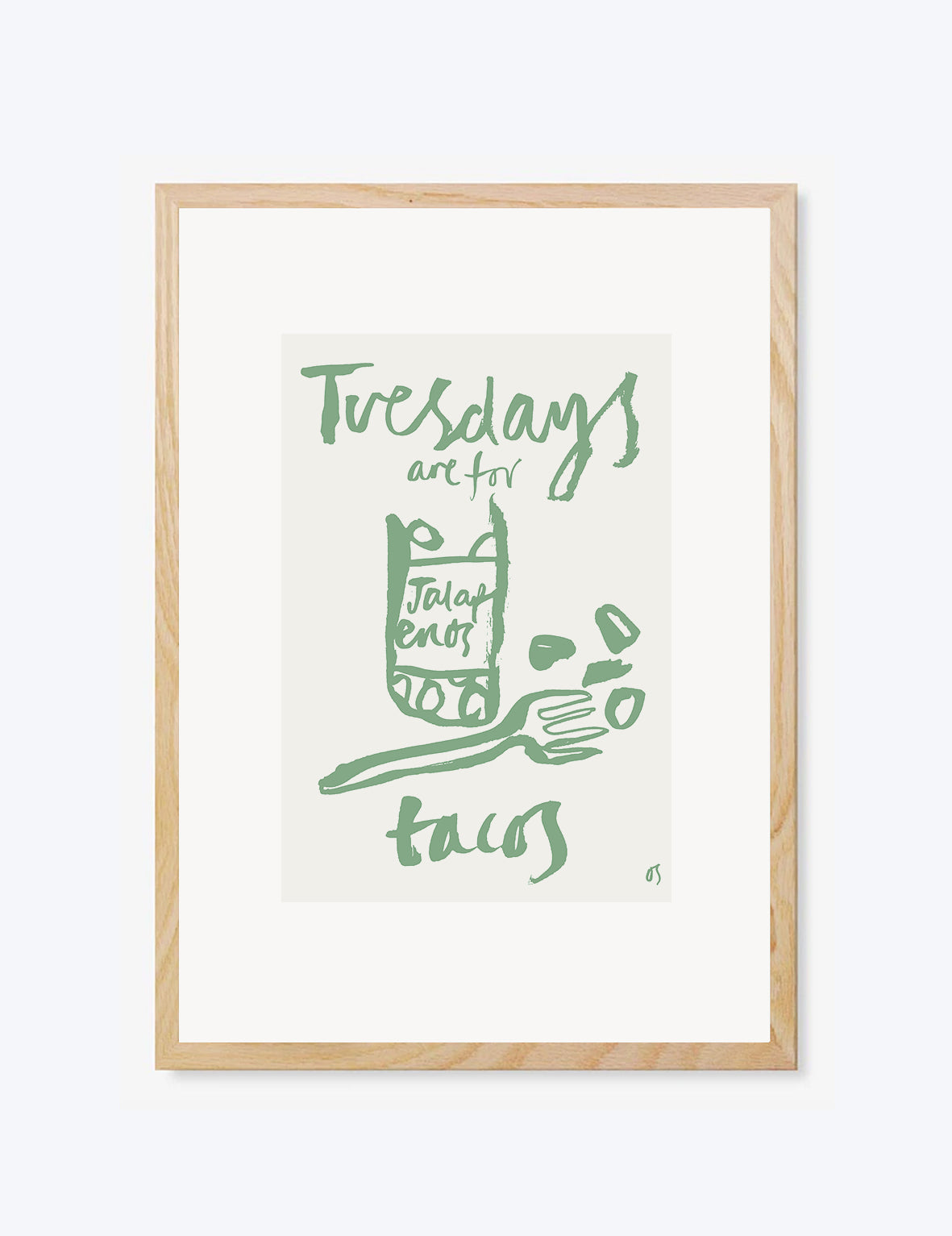 Framed artwork with green illustration and graphics on a white background