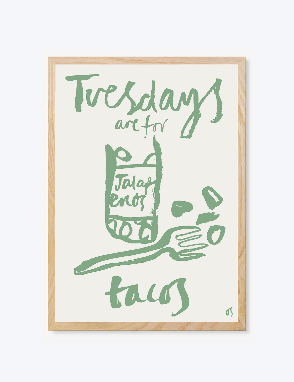Framed artwork with text 'Tuesdays are for tacos' and a jalapeno illustration on a white background. Framed Olivia Sewell print.