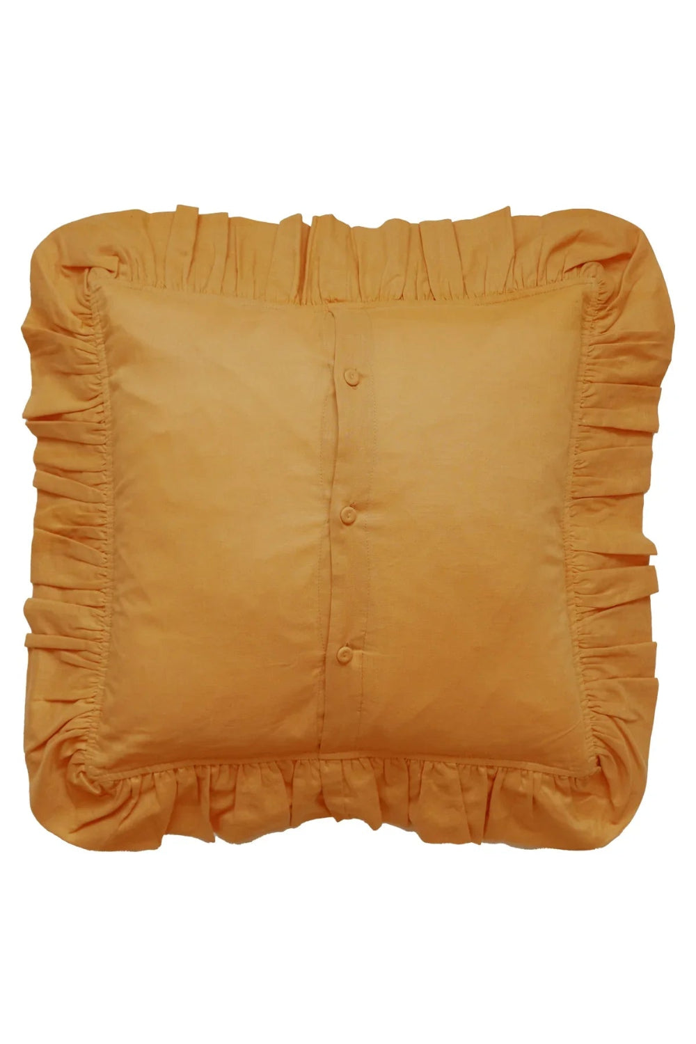 Orange pillow with ruffled edges on a white background