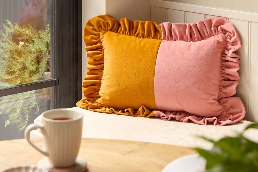 Two-tone velvet ruffled cushion in Turmeric and Coral