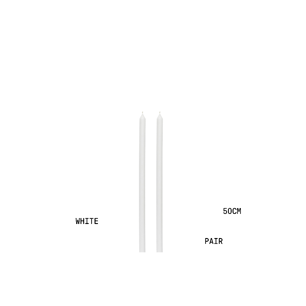 Two white candles with text indicating 'White', 'Pair', and '50cm' on a white background.