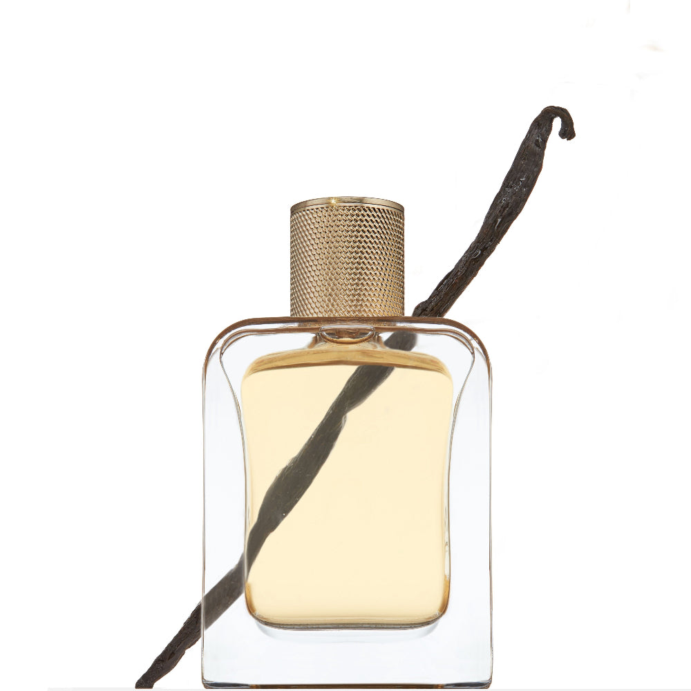 Perfume bottle with a vanilla bean on a white background