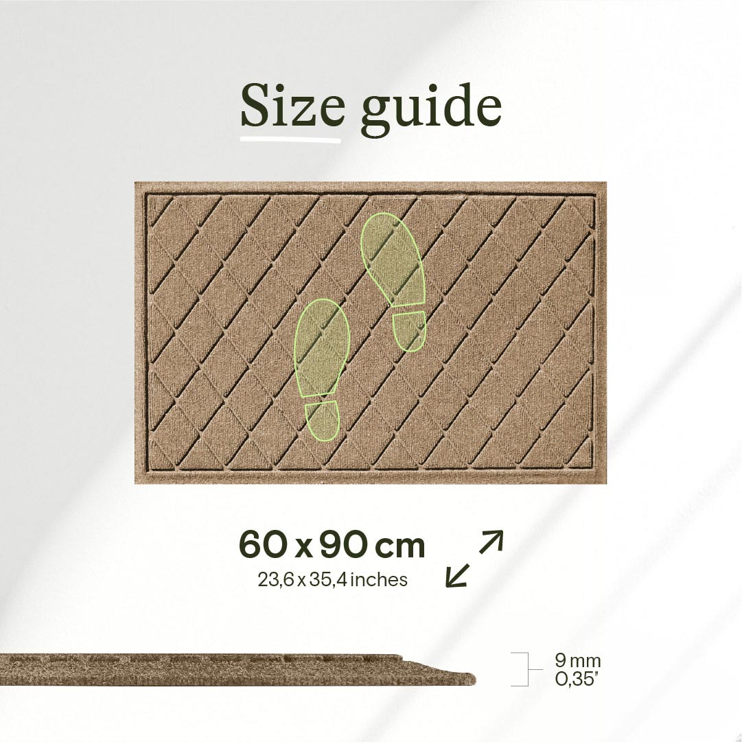 WaterHog Argyle Camel doormat size guide showing dimensions of 60 x 90 cm and approximately 9 mm thickness.