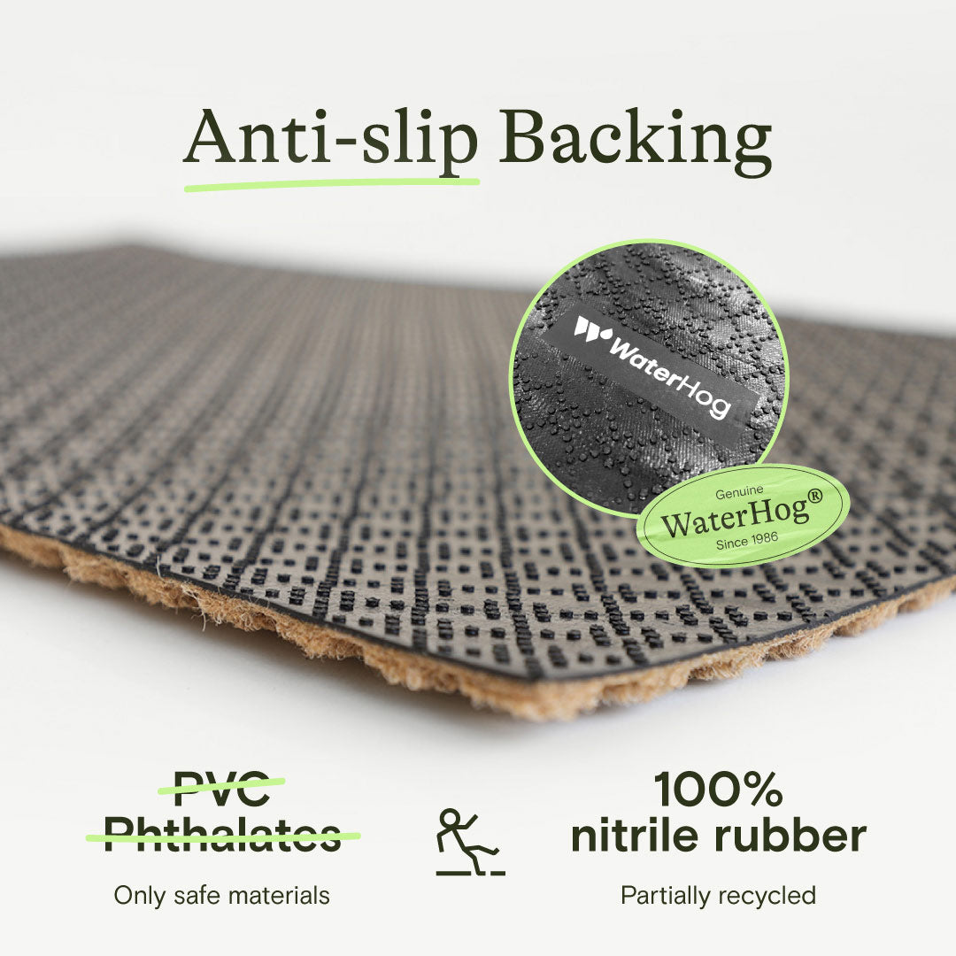 Close-up of WaterHog doormat anti-slip rubber backing with a textured grip surface and branded detail.