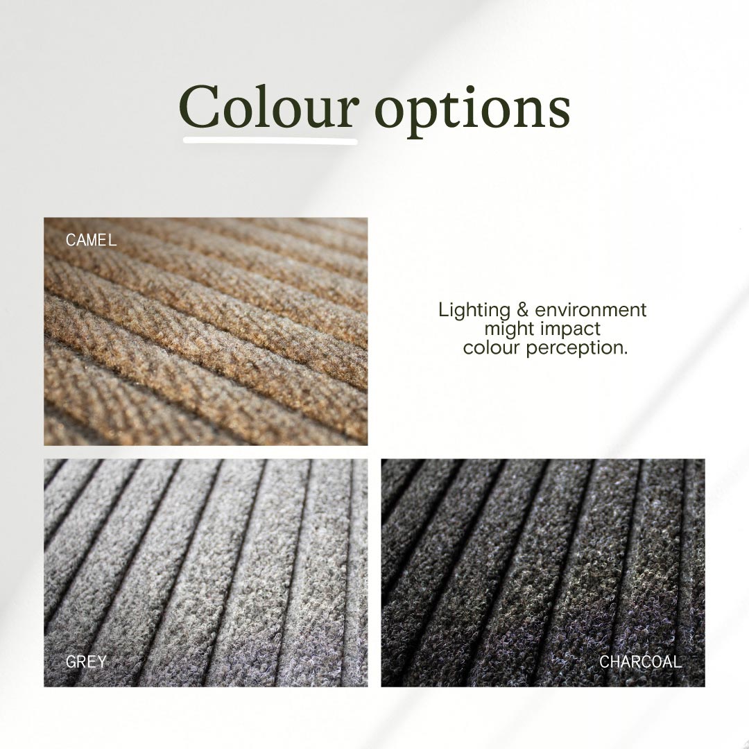 WaterHog Gradient doormat textured colour samples in Camel, Grey and Charcoal with raised diagonal fibres.