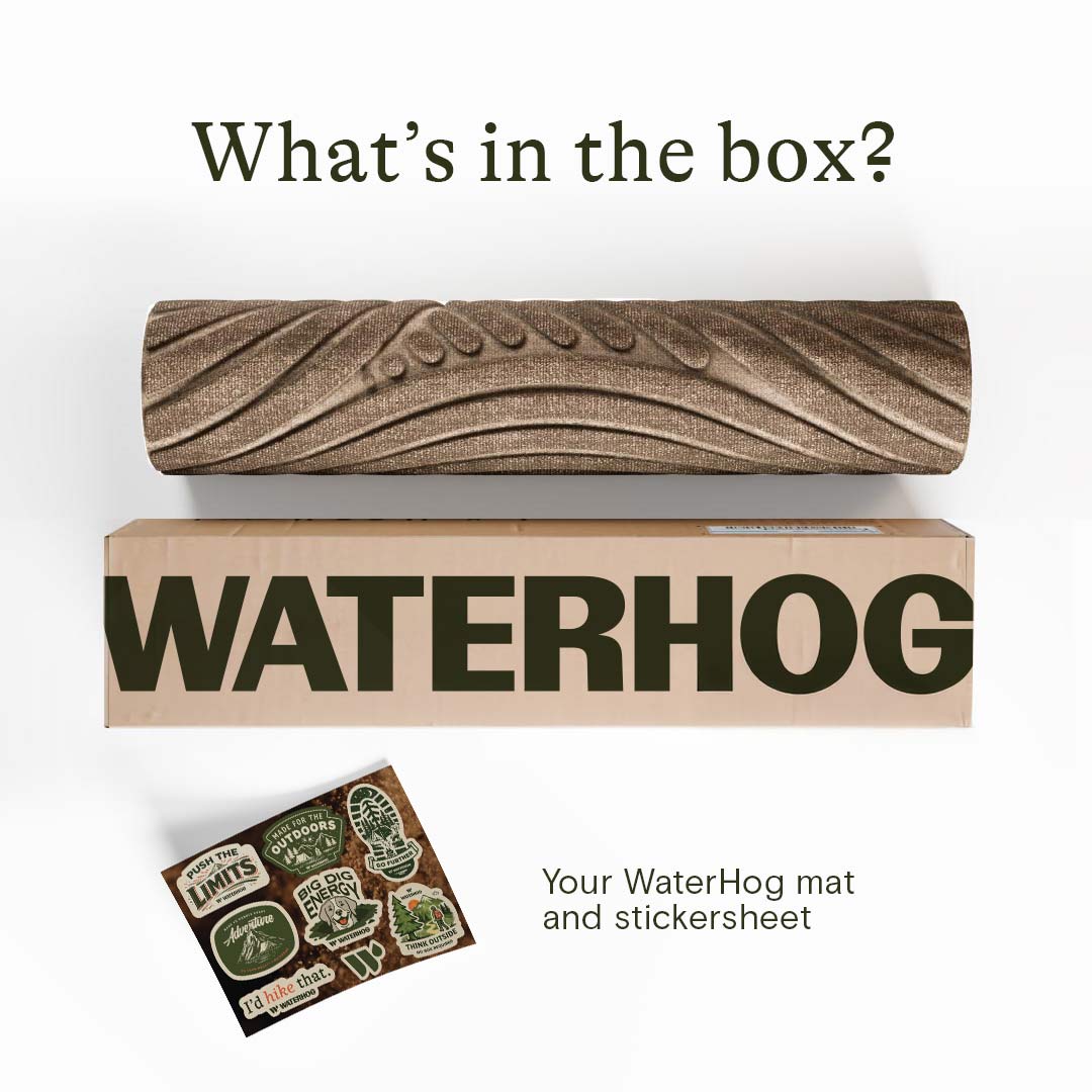 Rolled WaterHog mat displayed above branded cardboard packaging with an illustrated sticker sheet.