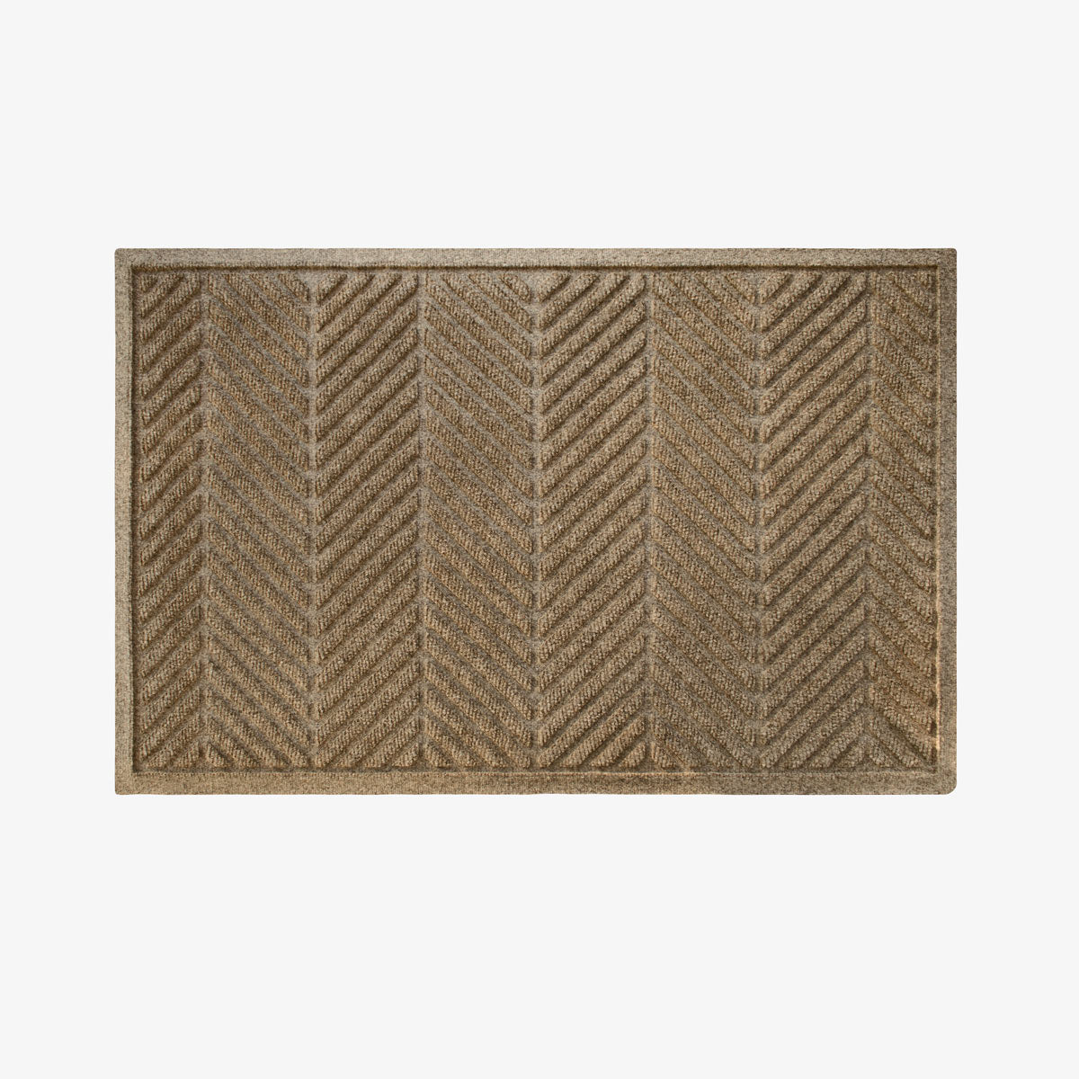 WaterHog Herringbone doormat in Camel with a raised chevron pattern and rectangular border.