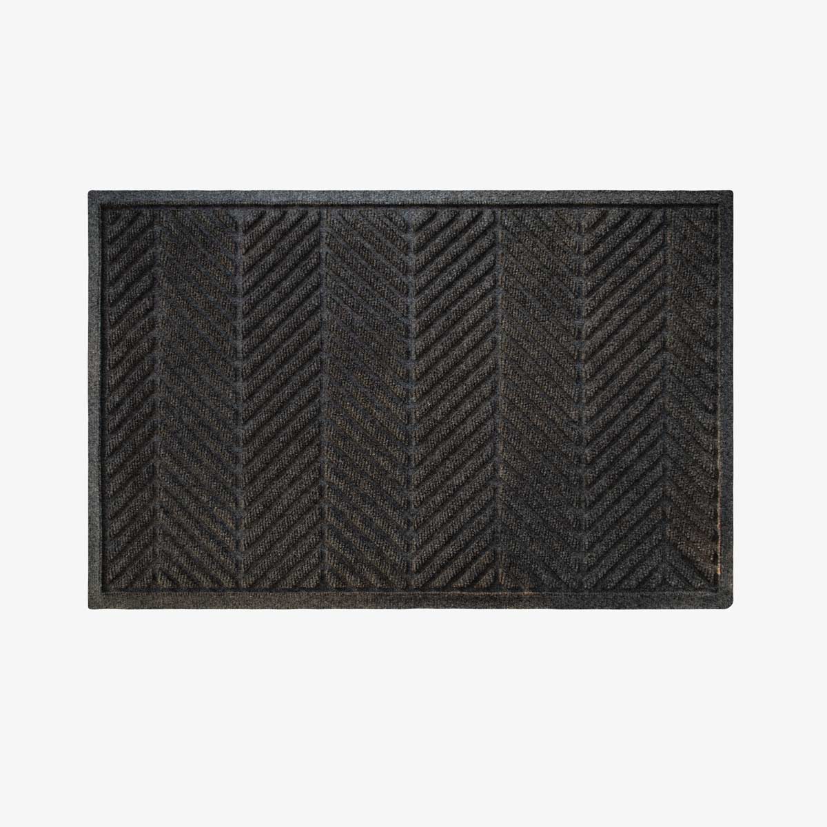 Charcoal WaterHog Herringbone doormat featuring a raised geometric pattern and matching border.