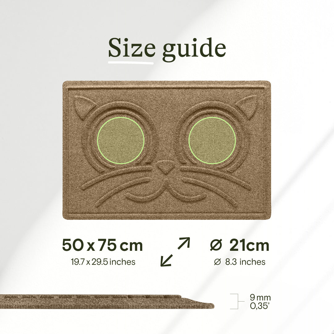WaterHog Kitty Face Bowl Mat size guide showing the cat-shaped pattern, circular feeding areas and mat thickness.