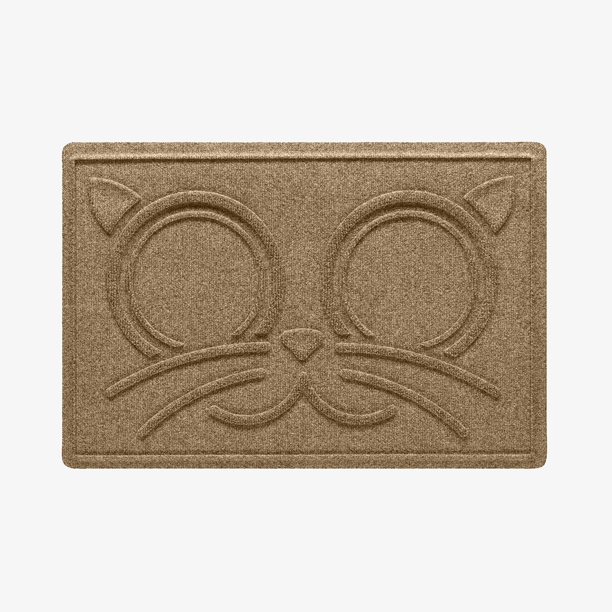Camel WaterHog Kitty Face Bowl Mat showing its raised cat face design, two circular bowl areas and rectangular border.