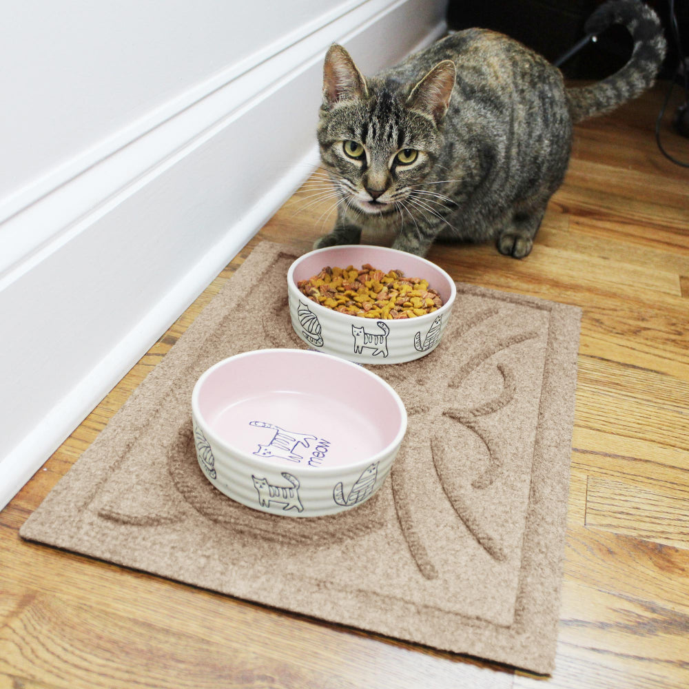Tabby cat standing beside two ceramic feeding bowls on a Camel WaterHog Kitty Face Mat on a wooden floor.