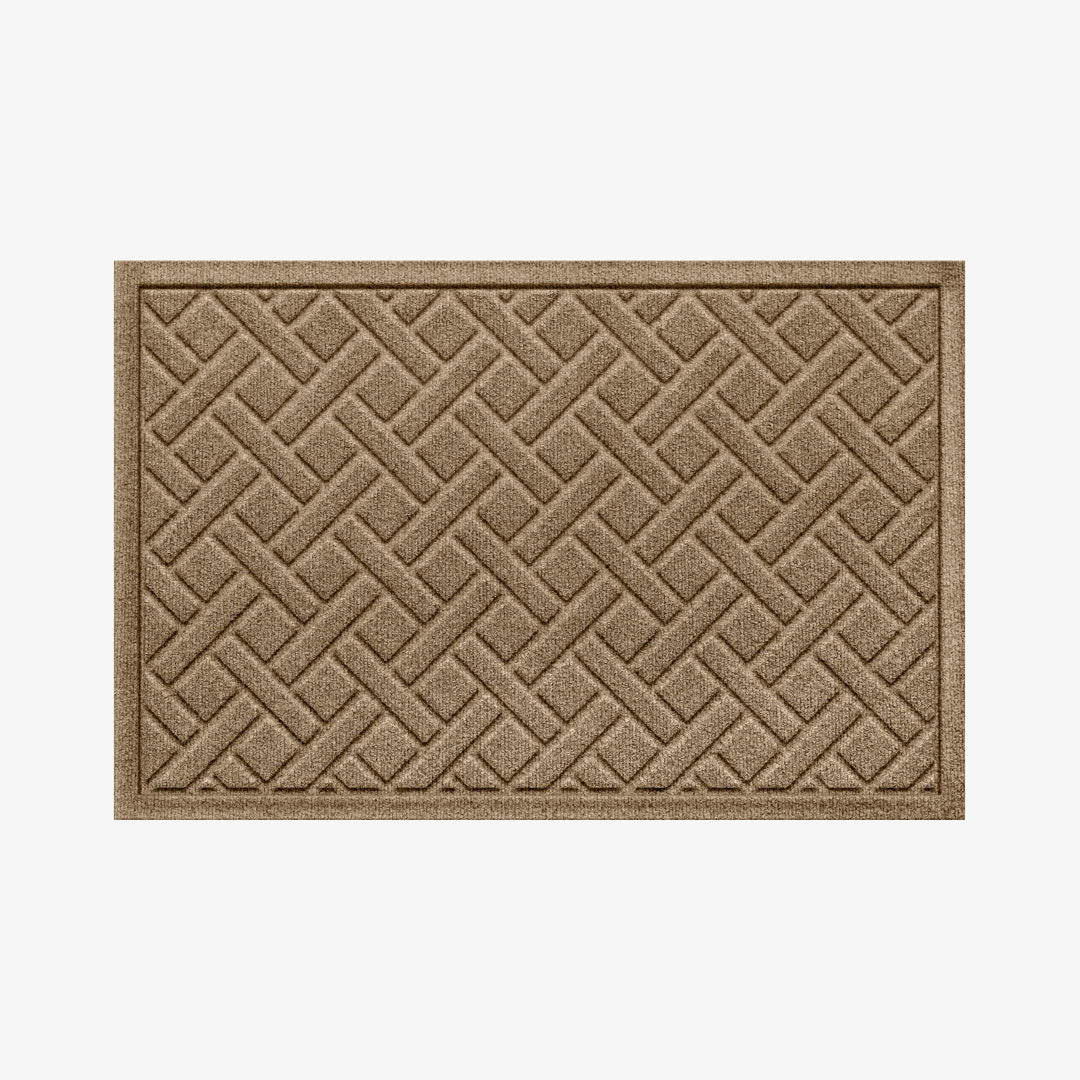 WaterHog Lattice doormat in Camel with a raised interlocking geometric pattern, shown from above.