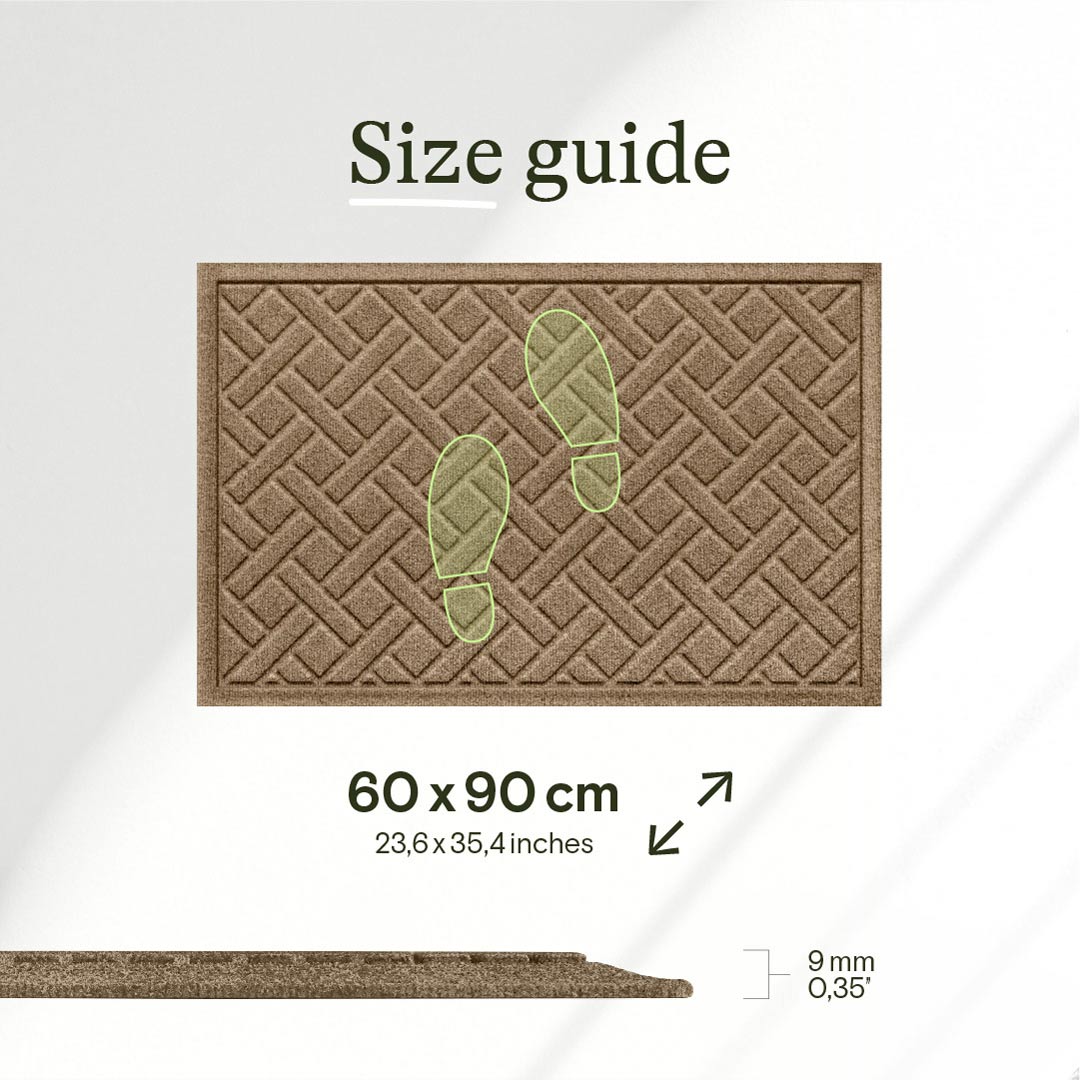 WaterHog Lattice doormat size guide showing 60 x 90 cm dimensions and approximately 9 mm thickness.