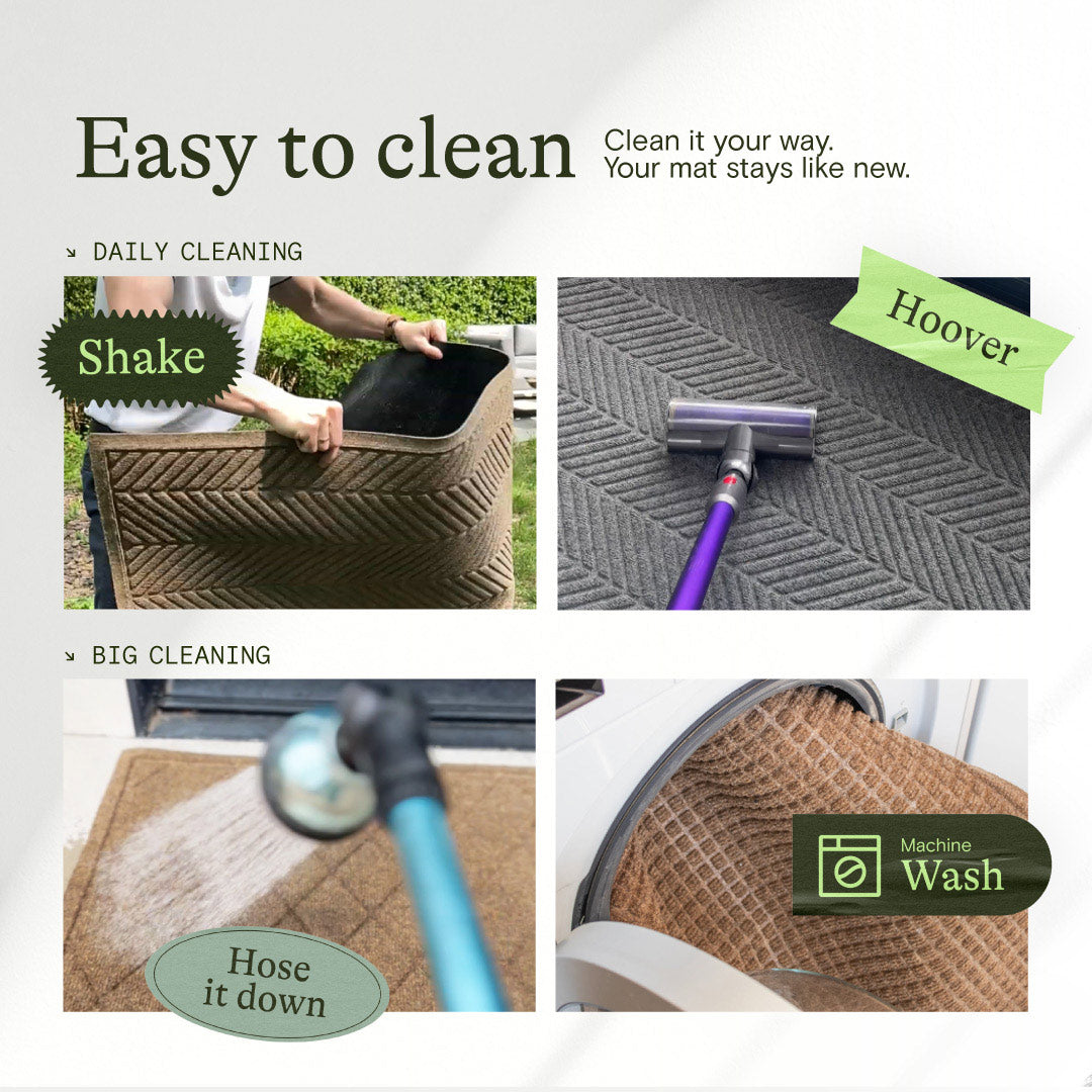 WaterHog doormat cleaning infographic showing shaking, vacuuming, rinsing with a hose and machine washing.