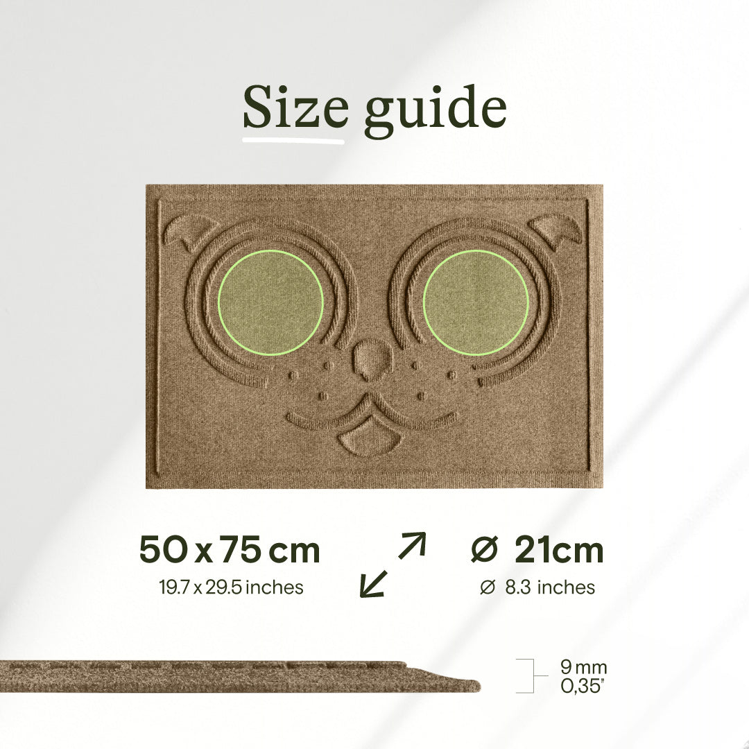 Size guide for the WaterHog Puppy Face Bowl Mat showing approximately 50 x 75 cm dimensions, 21 cm bowl areas and 9 mm thickness.