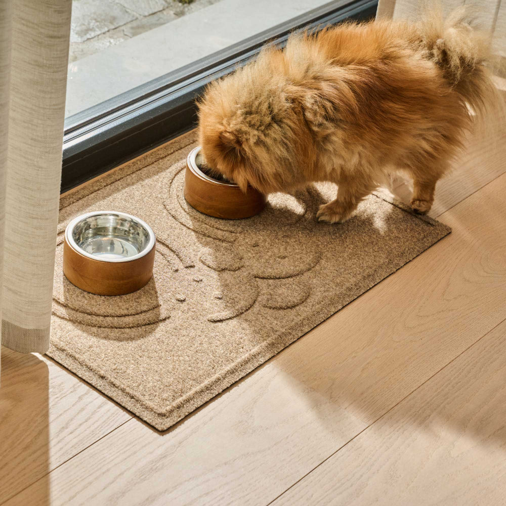 Small fluffy brown dog eating from a bowl on a Camel WaterHog Puppy Face Mat beside a glass patio door.