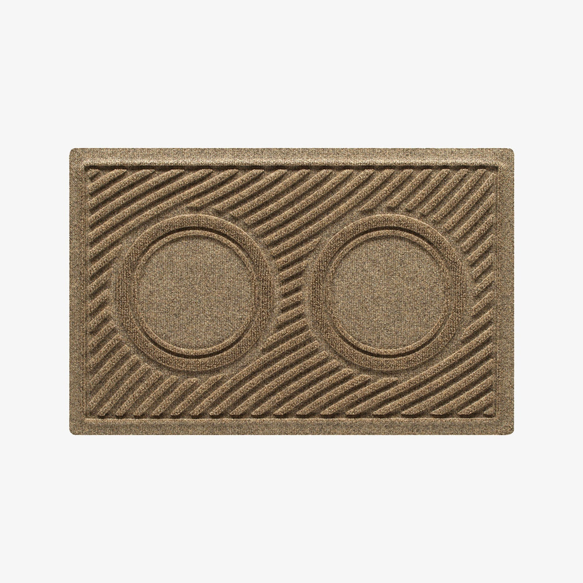 Camel WaterHog Waves Bowl Mat with two circular feeding areas, raised diagonal wave pattern and rectangular border.