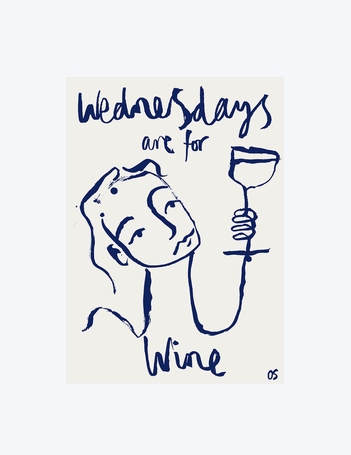 Cartoon illustration of a woman holding a glass of wine with text 'Wednesdays are for Wine' on a white background by Olivia Sewell.