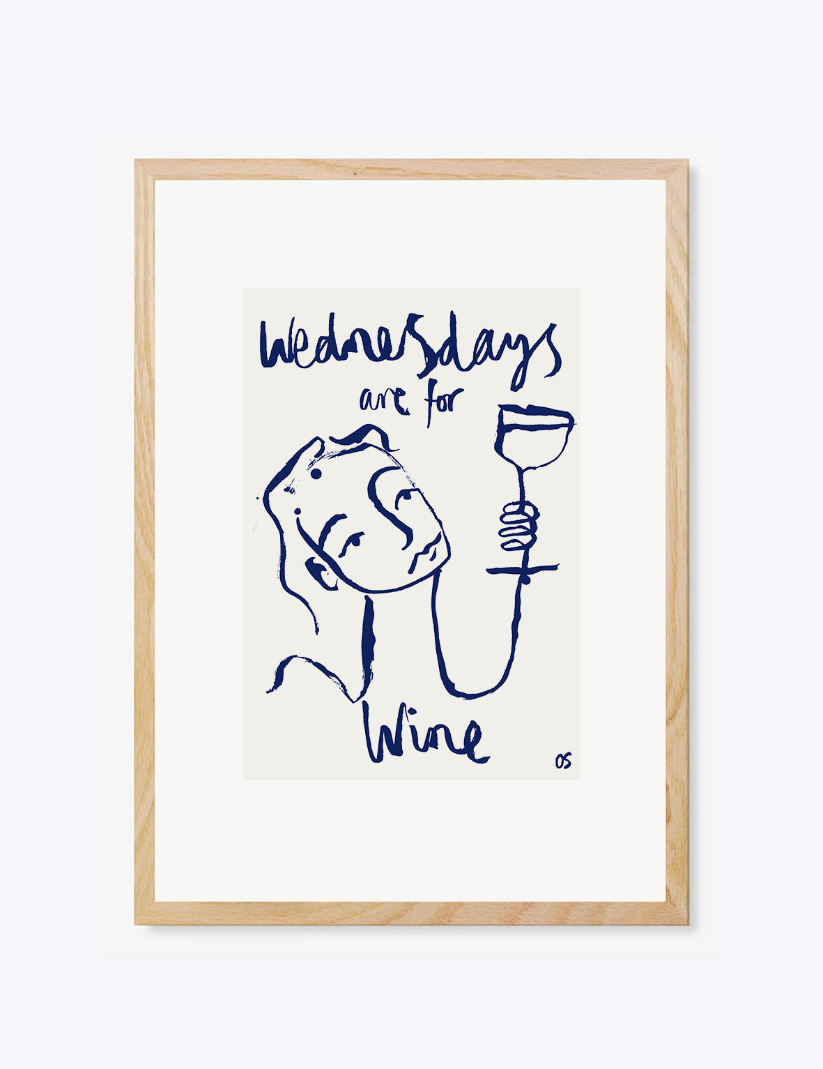 Framed artwork with a blue line drawing of a person holding a glass of wine and text 'Wednesdays are for Wine' on a white background.
