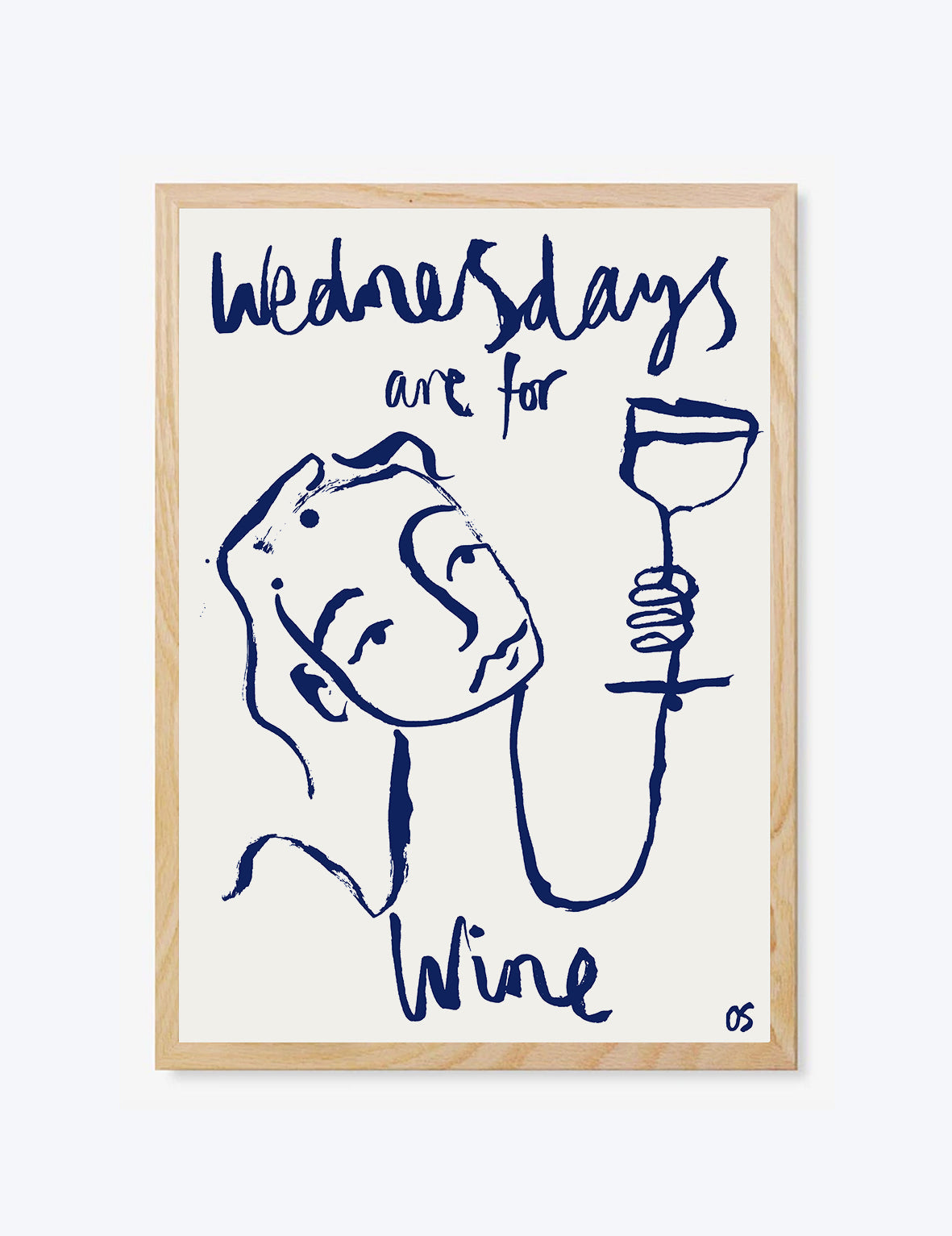 Framed artwork with a woman holding a wine glass and text 'Wednesdays are for Wine' on a white background.