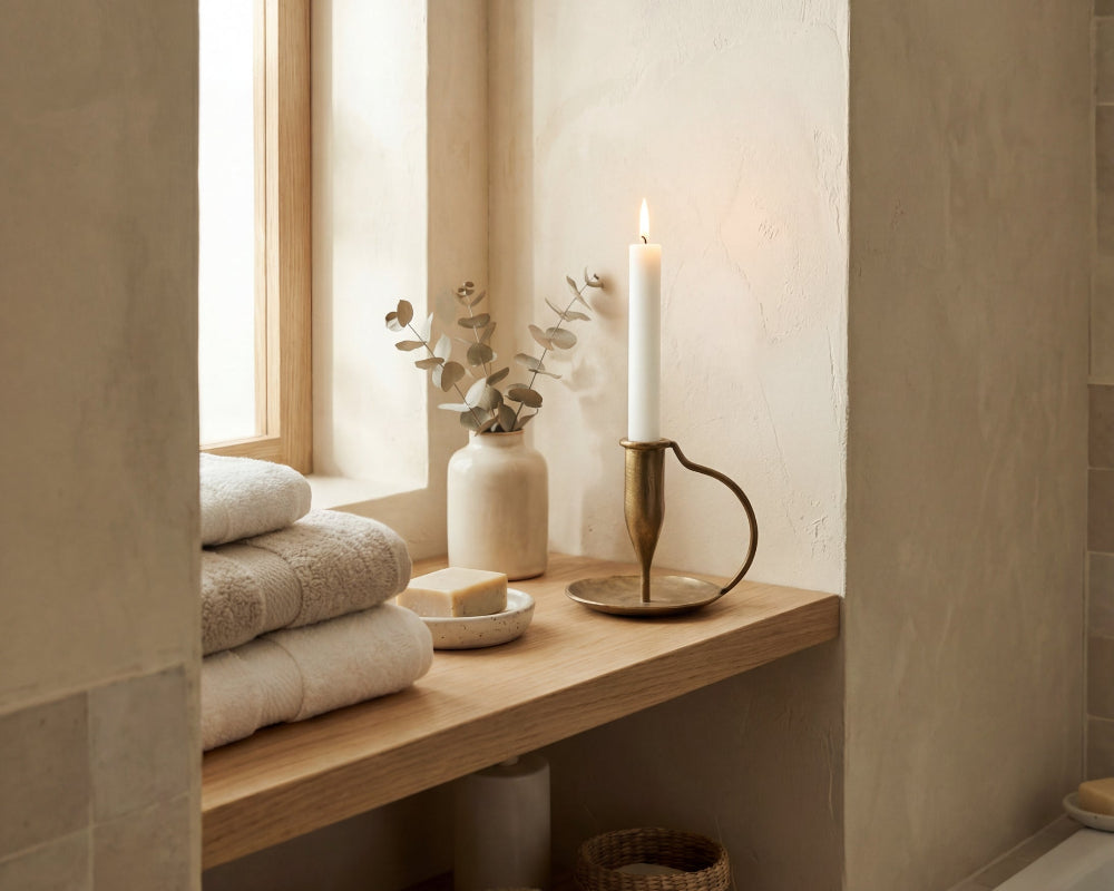 Bathroom with towels on a wooden shelf, candle, and vase.