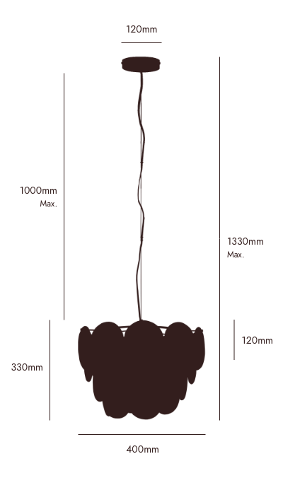 Measurement chart of a pendant light with dimensions labeled.