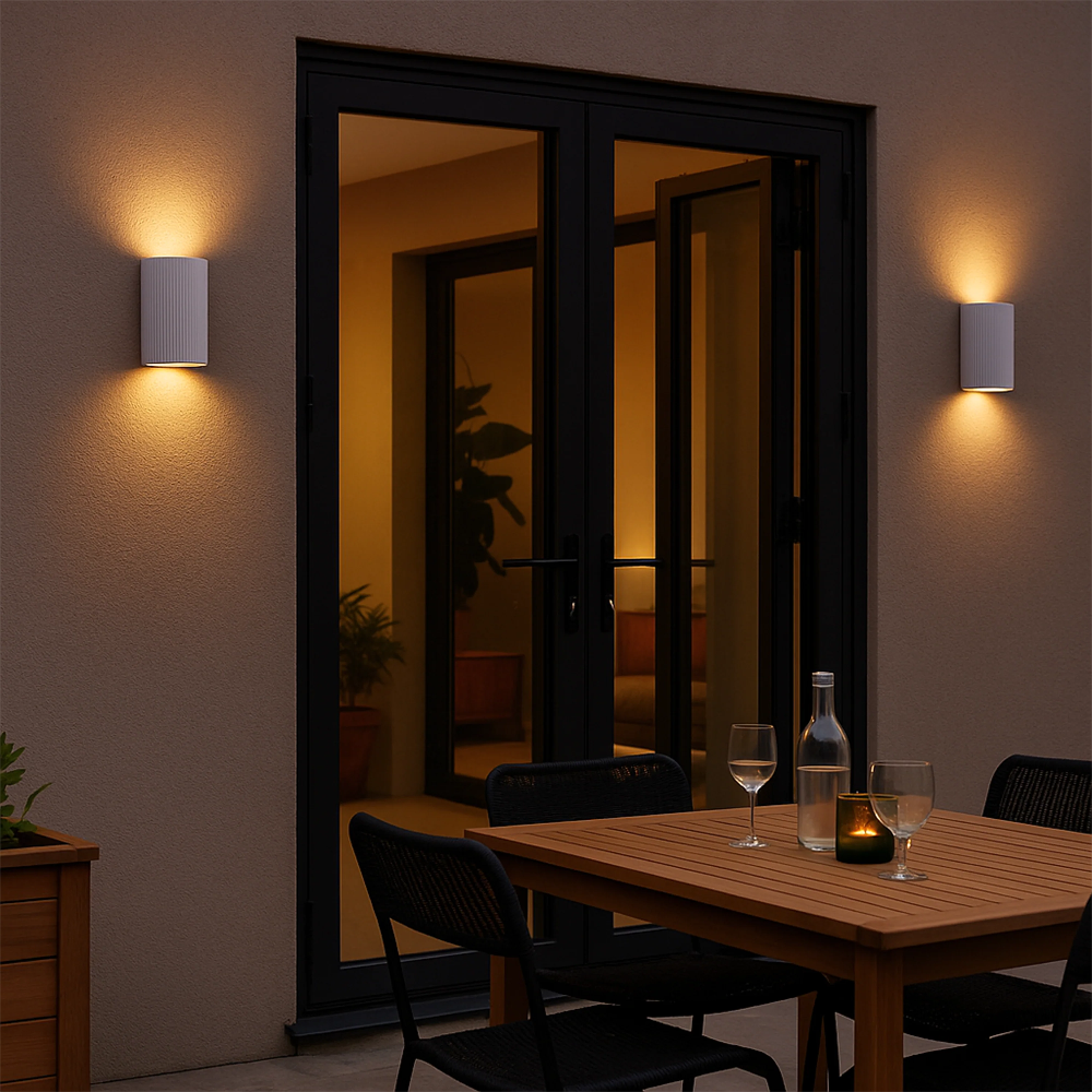 White ribbed ceramic wall light styled in an outdoor dining table setting