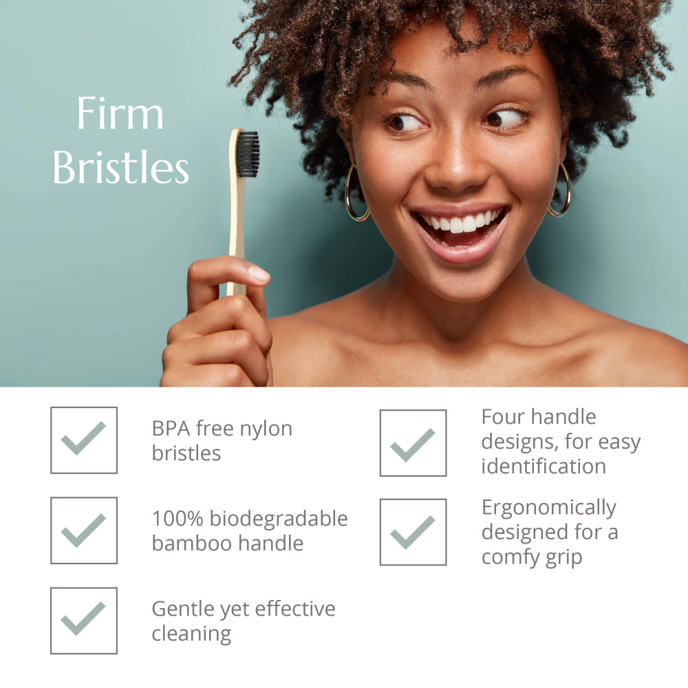 Woman holding a bamboo toothbrush with product features listed below on a light blue background