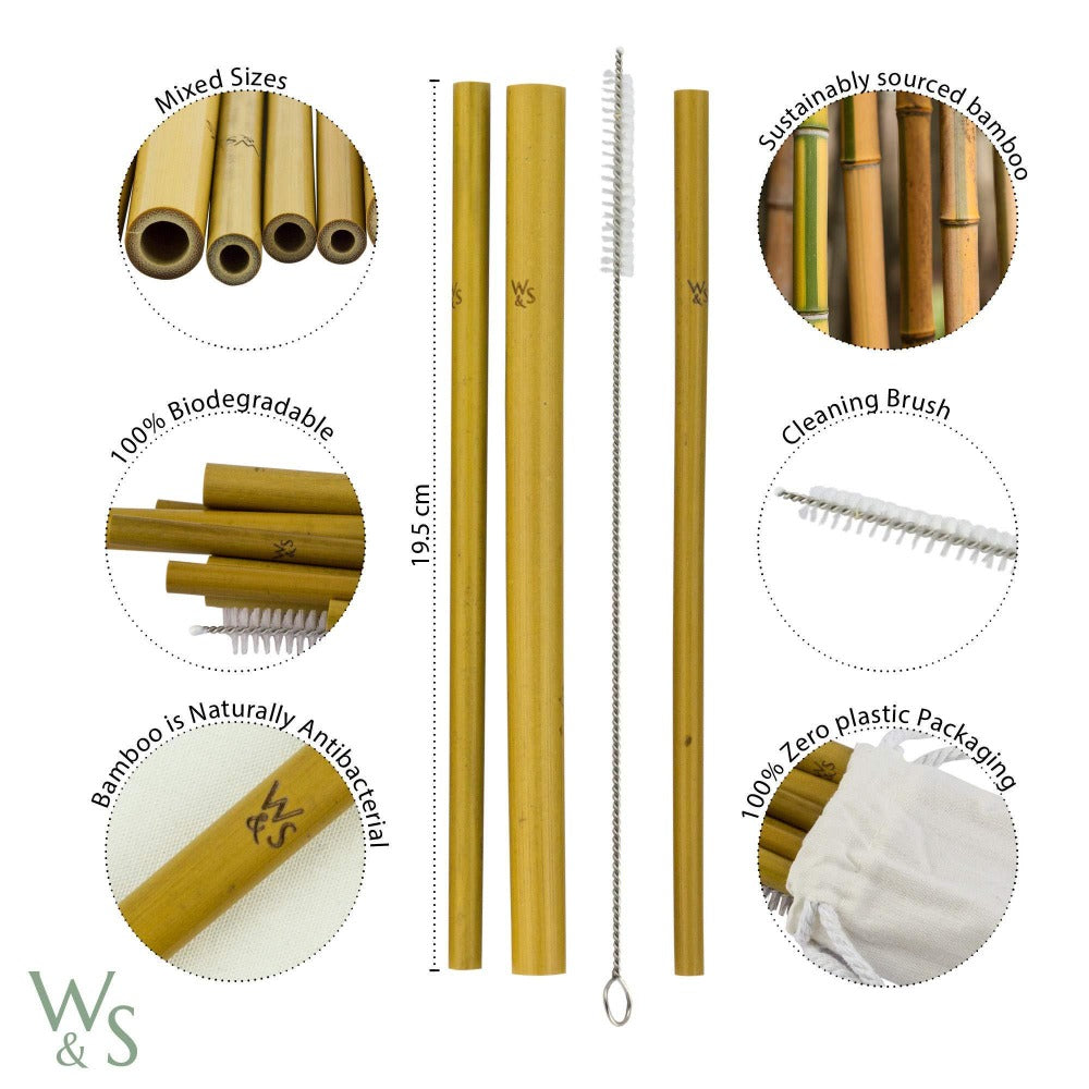 Bamboo straws with cleaning brush and packaging details on a white background