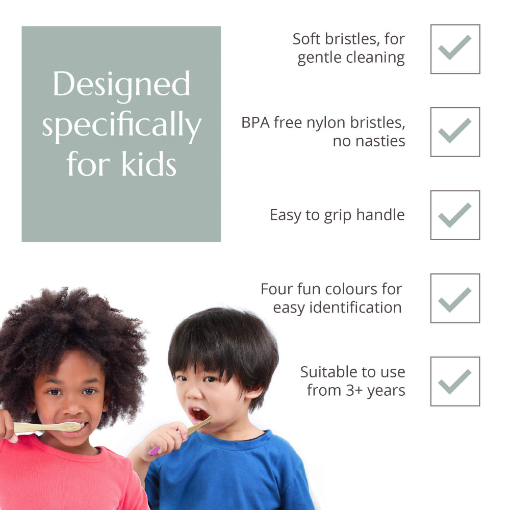 Two children using toothbrushes with product features listed on a white background