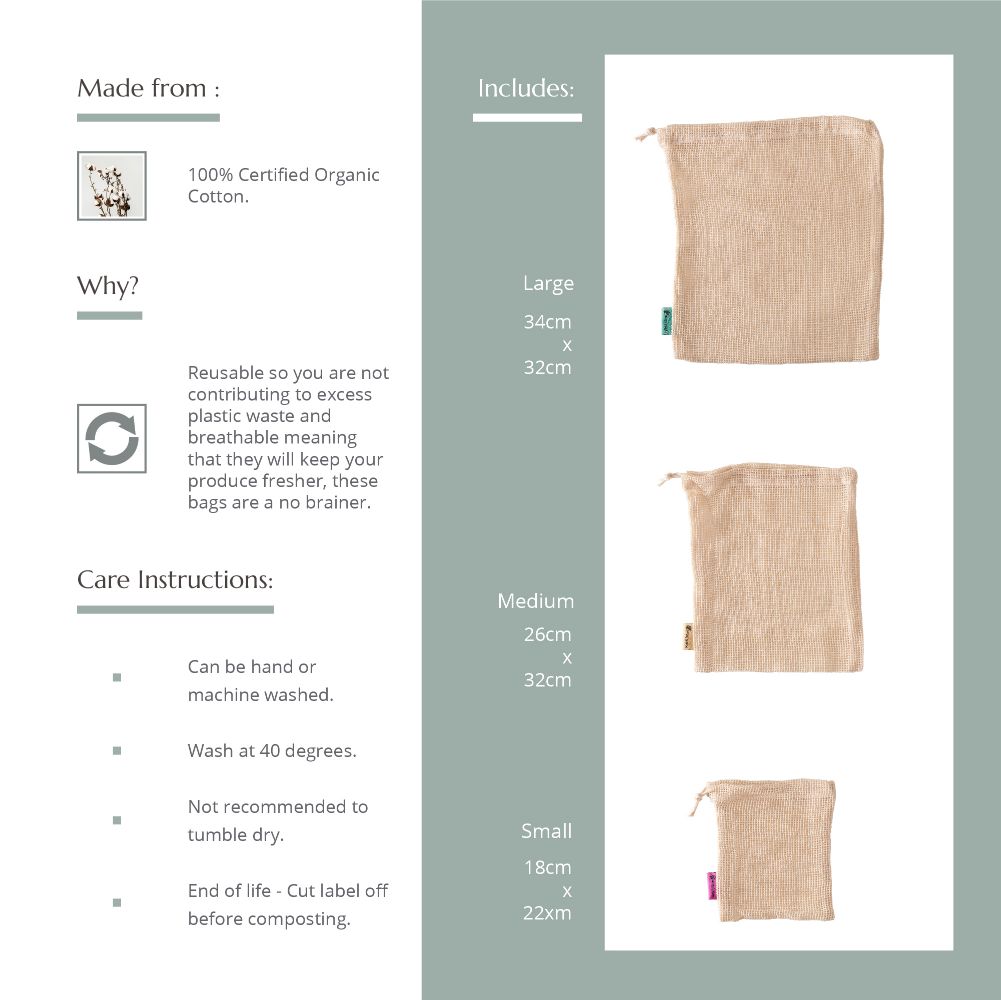 Informational graphic about organic cotton produce bags with dimensions and care instructions.