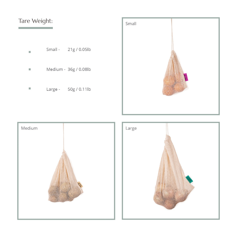 Mesh produce bags of different sizes with weight labels on a white background