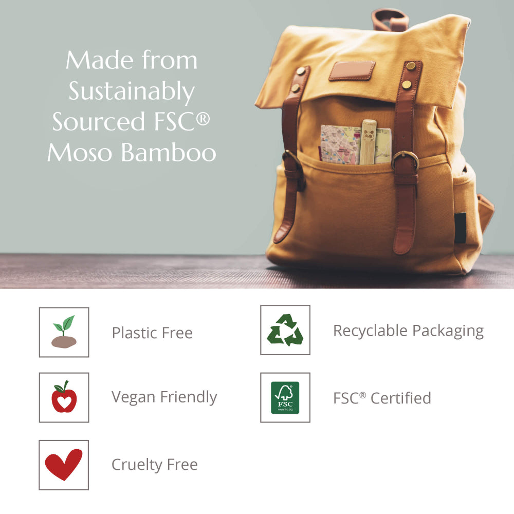 Yellow backpack on a wooden surface with sustainability features listed below.