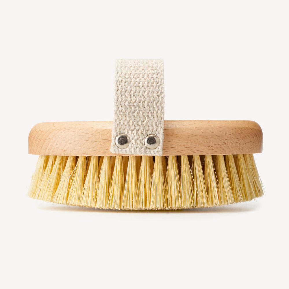Natural Body Brush with handle and natural bristles on a white background