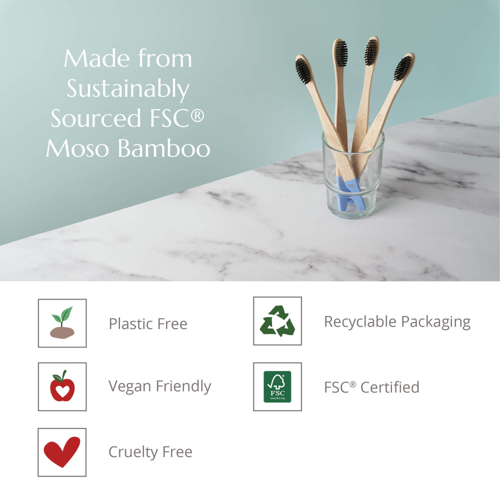Bamboo toothbrushes in a glass on a marble surface with sustainability certification icons below.