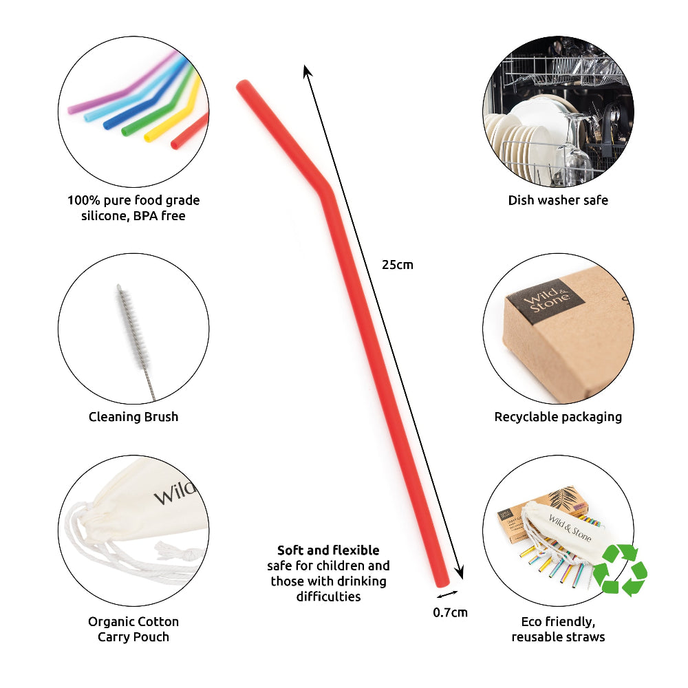 Red silicone straw with features listed on a white background